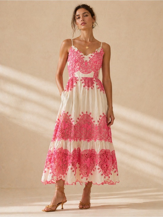 Italian Brand Dresses & Skirts - Cream Midi Dress with Pink Lace Appliqué